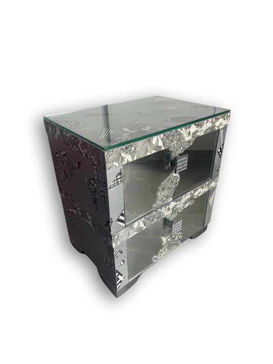 Upcycled side table from the Iridescent Bianco e Nero Art Collection, featuring hand-finished monochrome artistry and iridescent elegance; an exclusive t•Ana Couture creation available only in Cyprus.