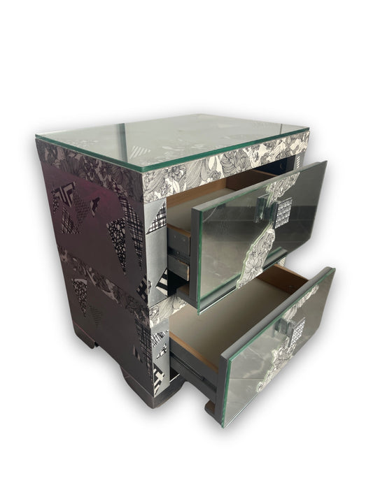 Upcycled side table from the Iridescent Bianco e Nero Art Collection, featuring hand-finished monochrome artistry and iridescent elegance; an exclusive t•Ana Couture creation available only in Cyprus.