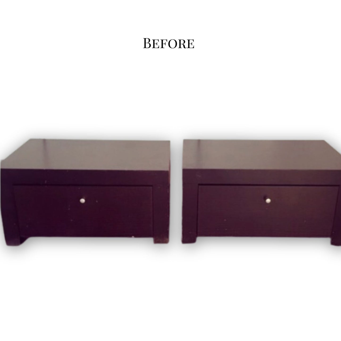 Before upcycling – dark wood side tables in their raw form, soon transformed into the Iridescent Bianco e Nero Art Collection side table, handcrafted and available exclusively in Cyprus.