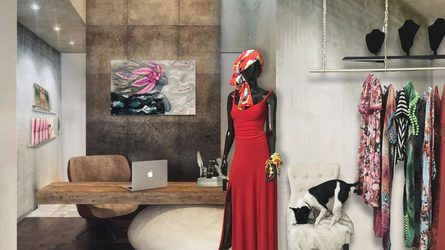 Mannequin wearing a red dress in a stylish room with a desk and artwork. t.Ana Couture fashion atelier office and workshop display studio.
