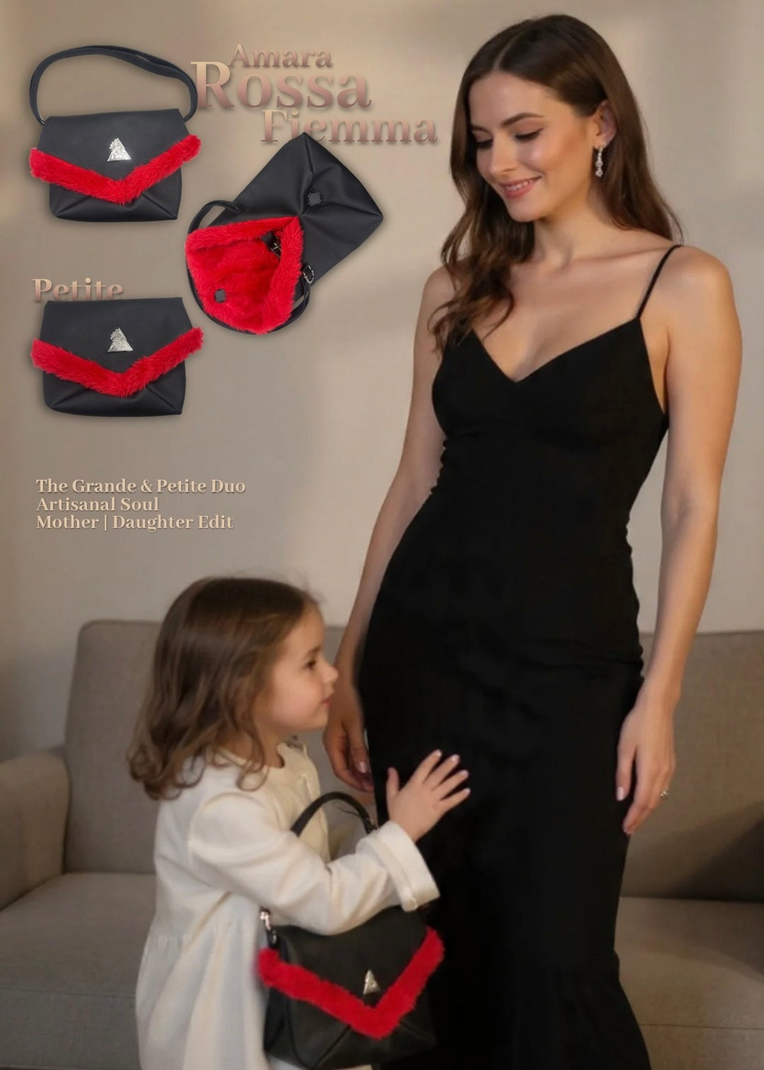 Amara Rossa Grande & Petite Duo: Luxurious vegan red leather mother-daughter handbags with signature triangle emblem, plush reversible interiors, and matching styles shown on model and child against neutral background—handcrafted by t.Ana Couture in Cyprus for timeless elegance.