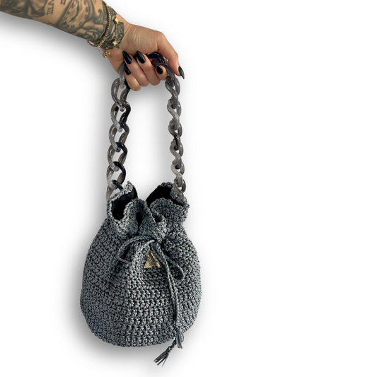 Luna Mist grey hand-knit bucket bag with chain handle