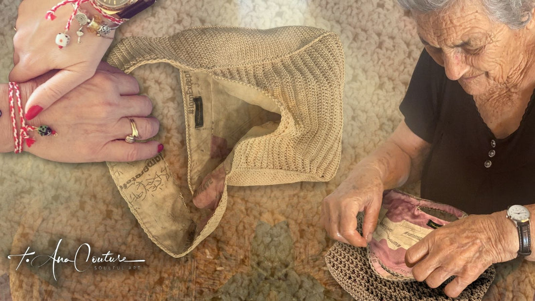 Three generations of Cypriot women artisans from t•Ana Couture creating luxury handmade bags in Cyprus; honoring family heritage, craftsmanship, and Mediterranean tradition.