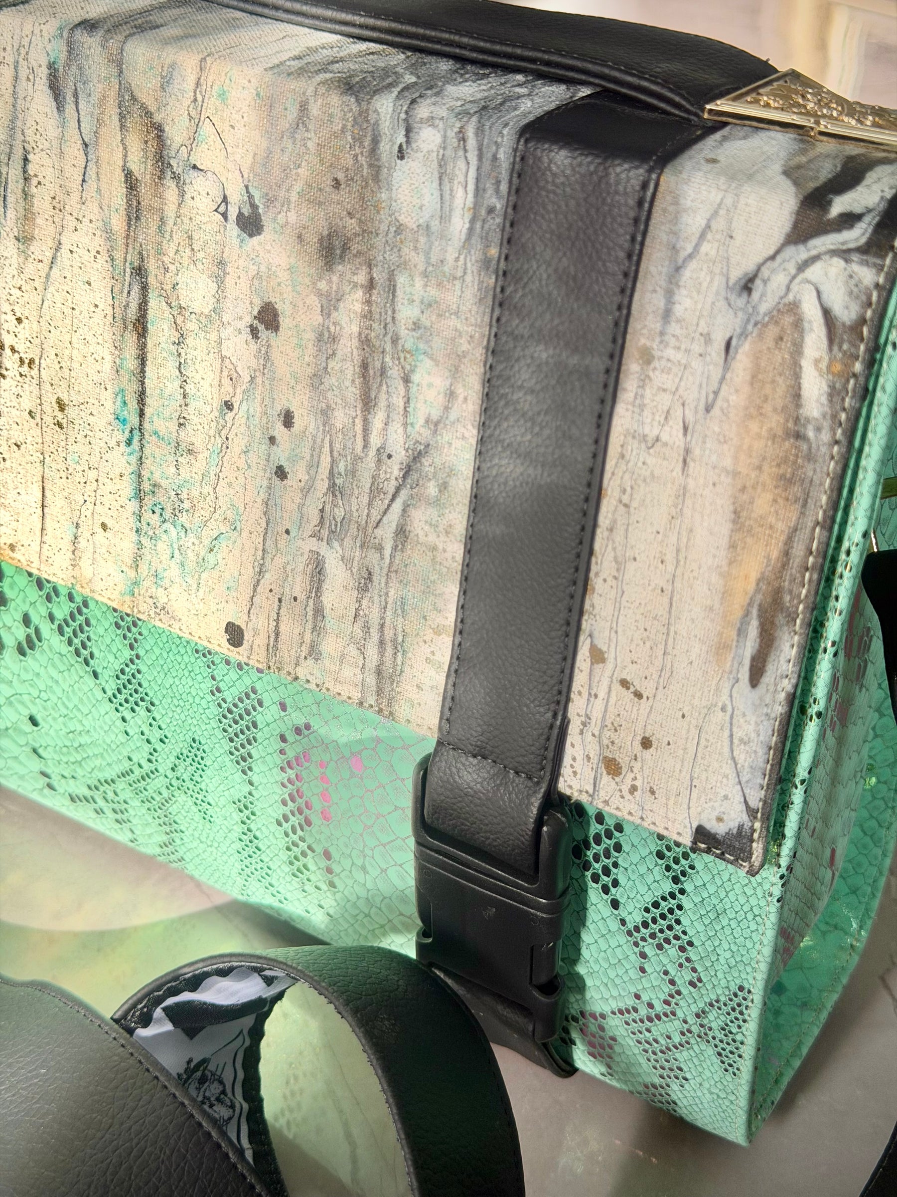 Iridescent Pistacchio Universe art handbag, styled view
