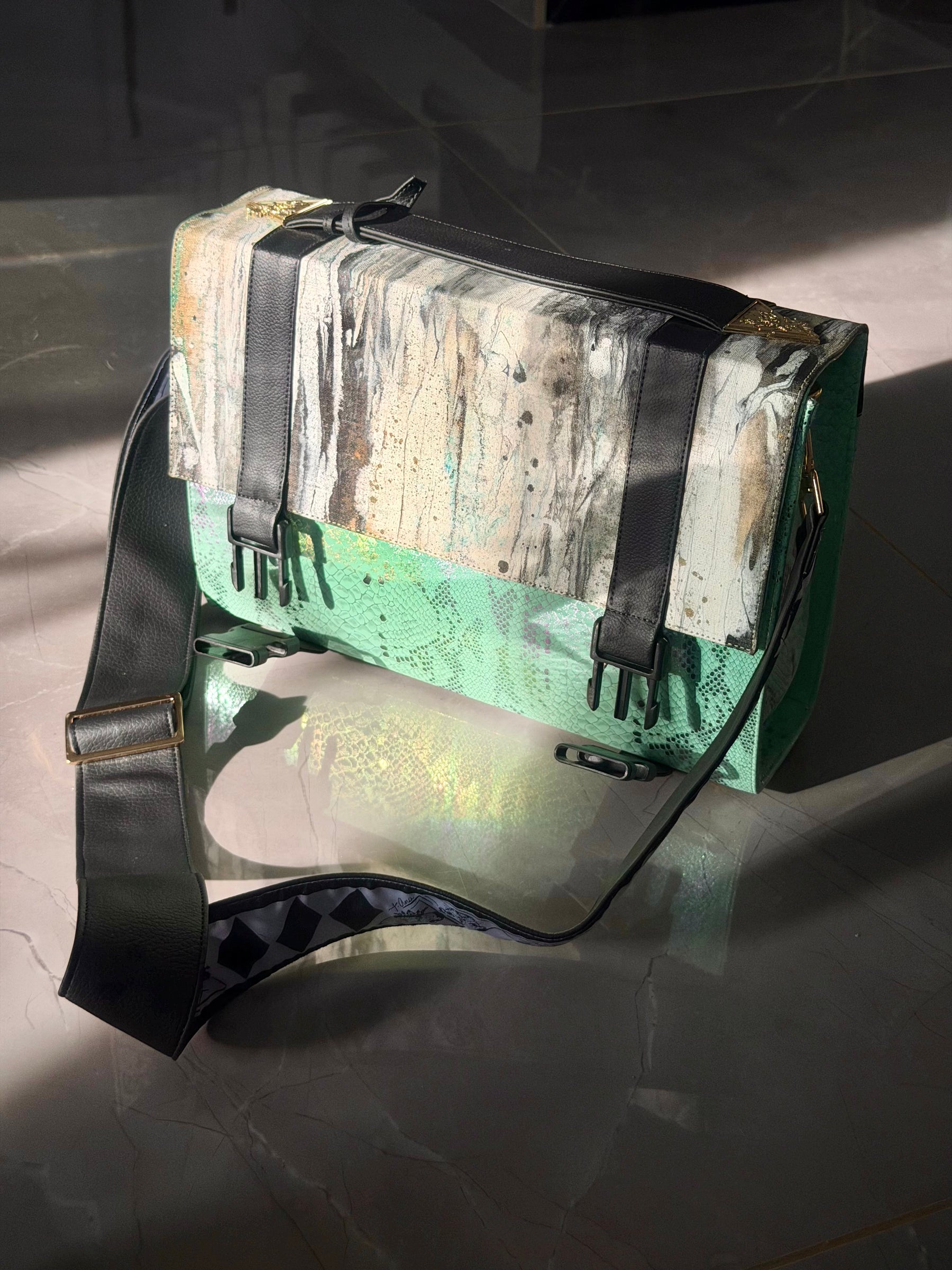 Iridescent Pistacchio Universe hand-painted handbag, detail view