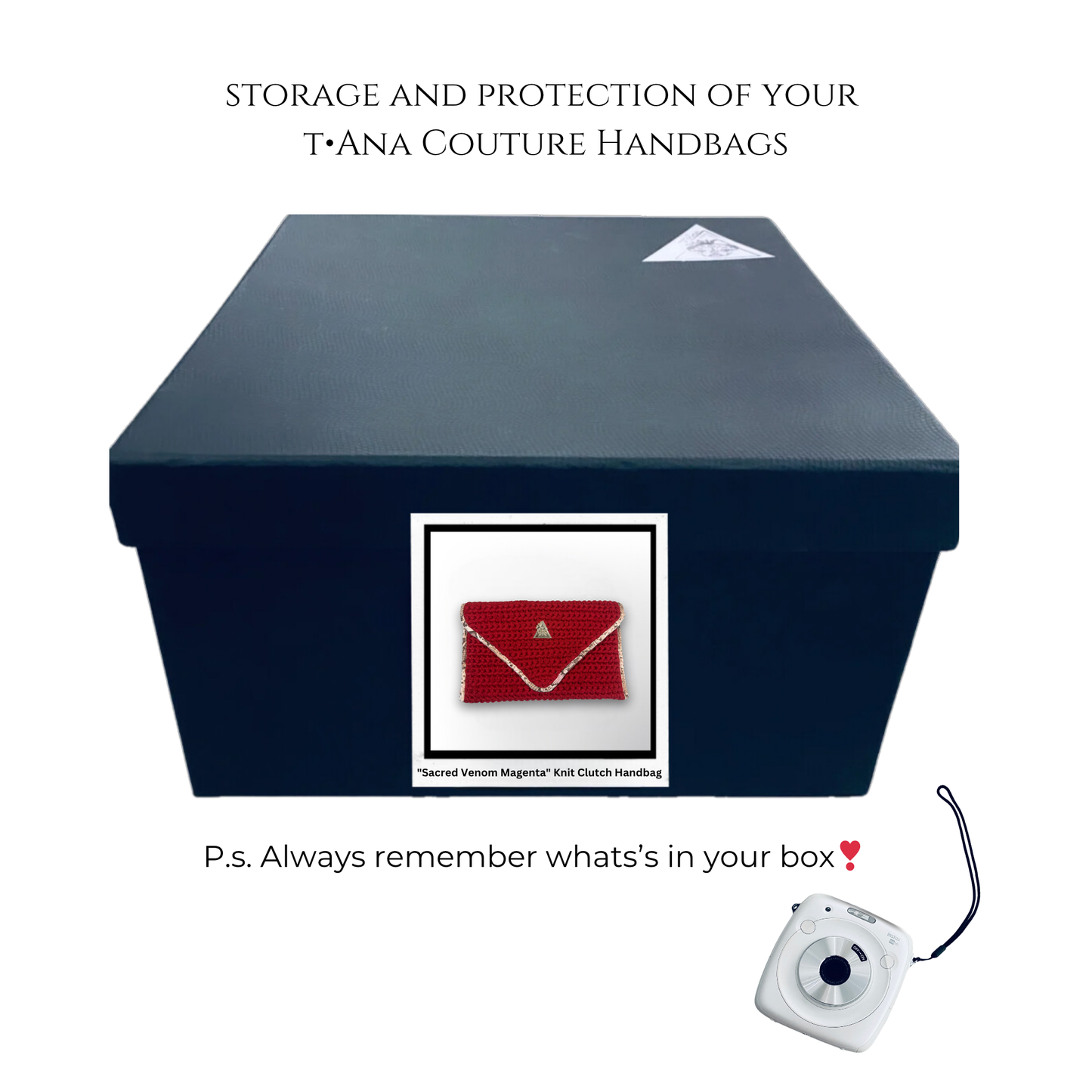 Blue storage box for Sacred Venom Magenta Knit Clutch Handbag – magenta red knit clutch with gold logo and beige snake-print lining from t•Ana Couture’s Mediterranean Muse: Sand & Sea Collection; symbolizing passion, transformation, and divine feminine grace.