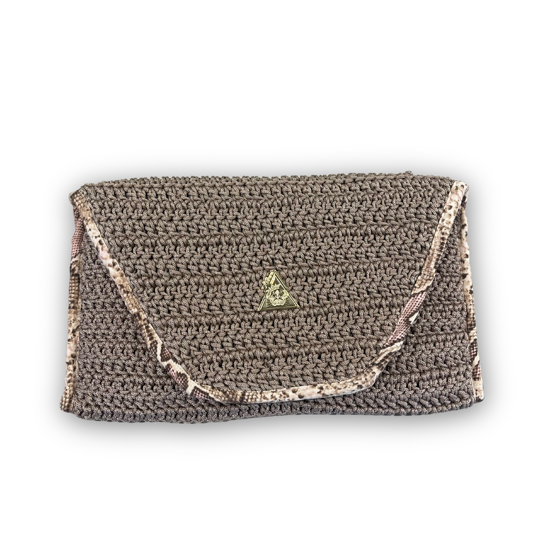 Sacred Venom hand-knit clutch, styled view