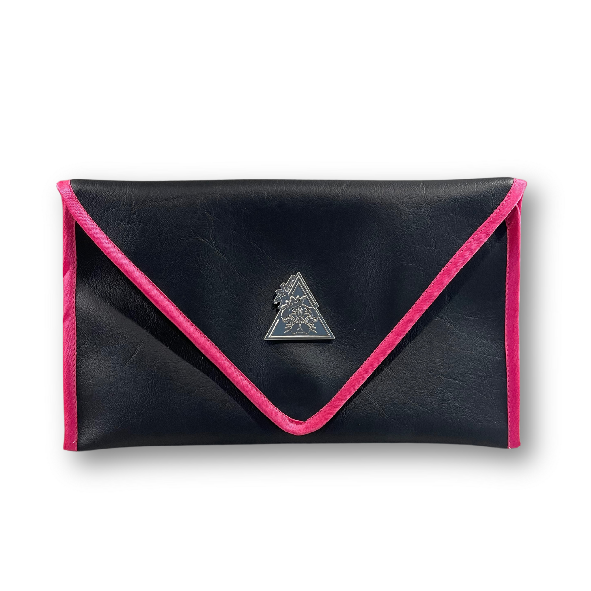Black envelope clutch bag with pink trim and silver triangle logo; El Clásica Noire Rose clutch by t•Ana Couture displayed on a light background.