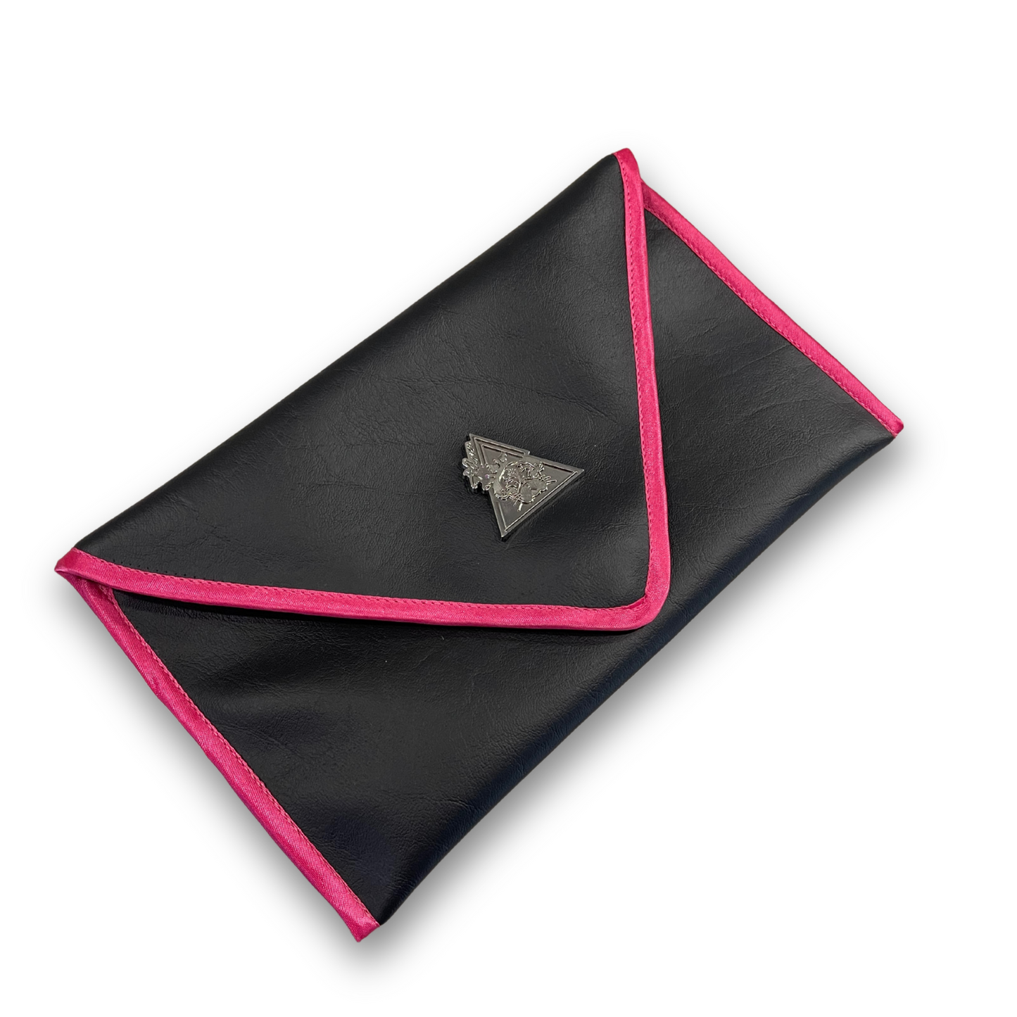 Black envelope clutch bag with pink trim and silver triangle logo; El Clásica Noire Rose clutch by t•Ana Couture displayed on a light background.