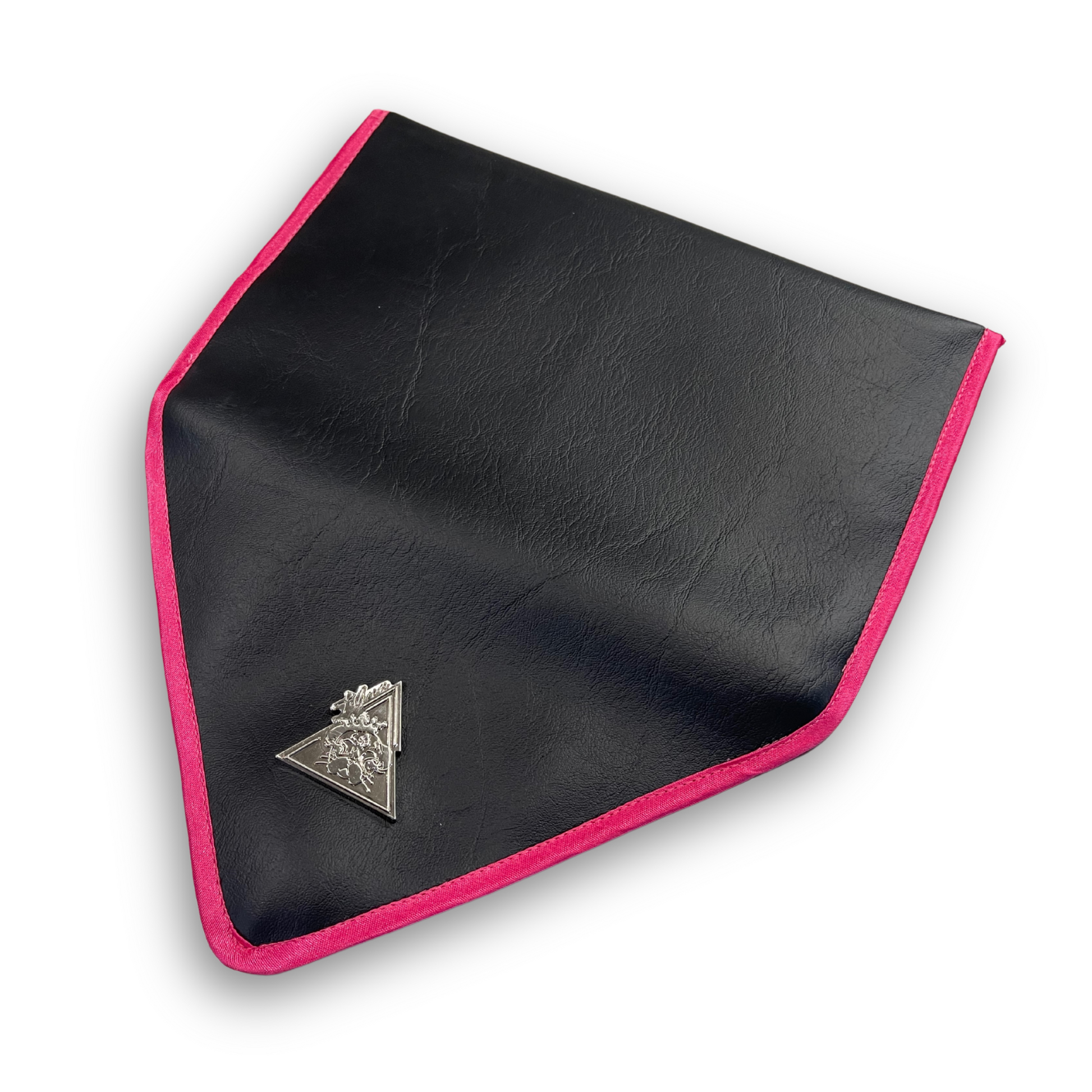 Black envelope clutch bag with pink trim and silver triangle logo; El Clásica Noire Rose clutch by t•Ana Couture displayed on a light background.