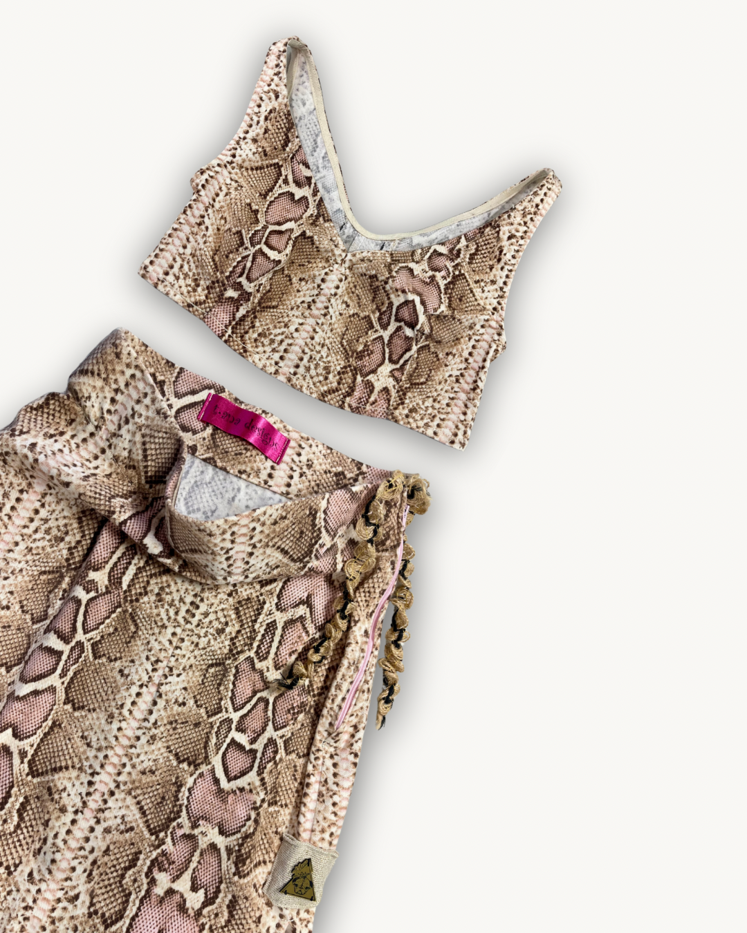 Sacred Venom beige and blush snake-print co-ord set by t•Ana Couture