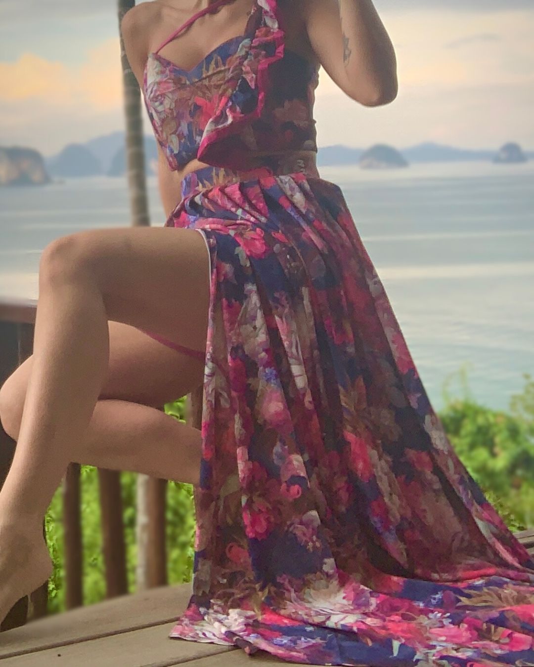 Luxury three-piece floral satin couture set in blush and fuchsia tones by t•Ana Couture; captured under Mediterranean sunlight with divine flow and effortless elegance. Luxury island ambiance vibes.
