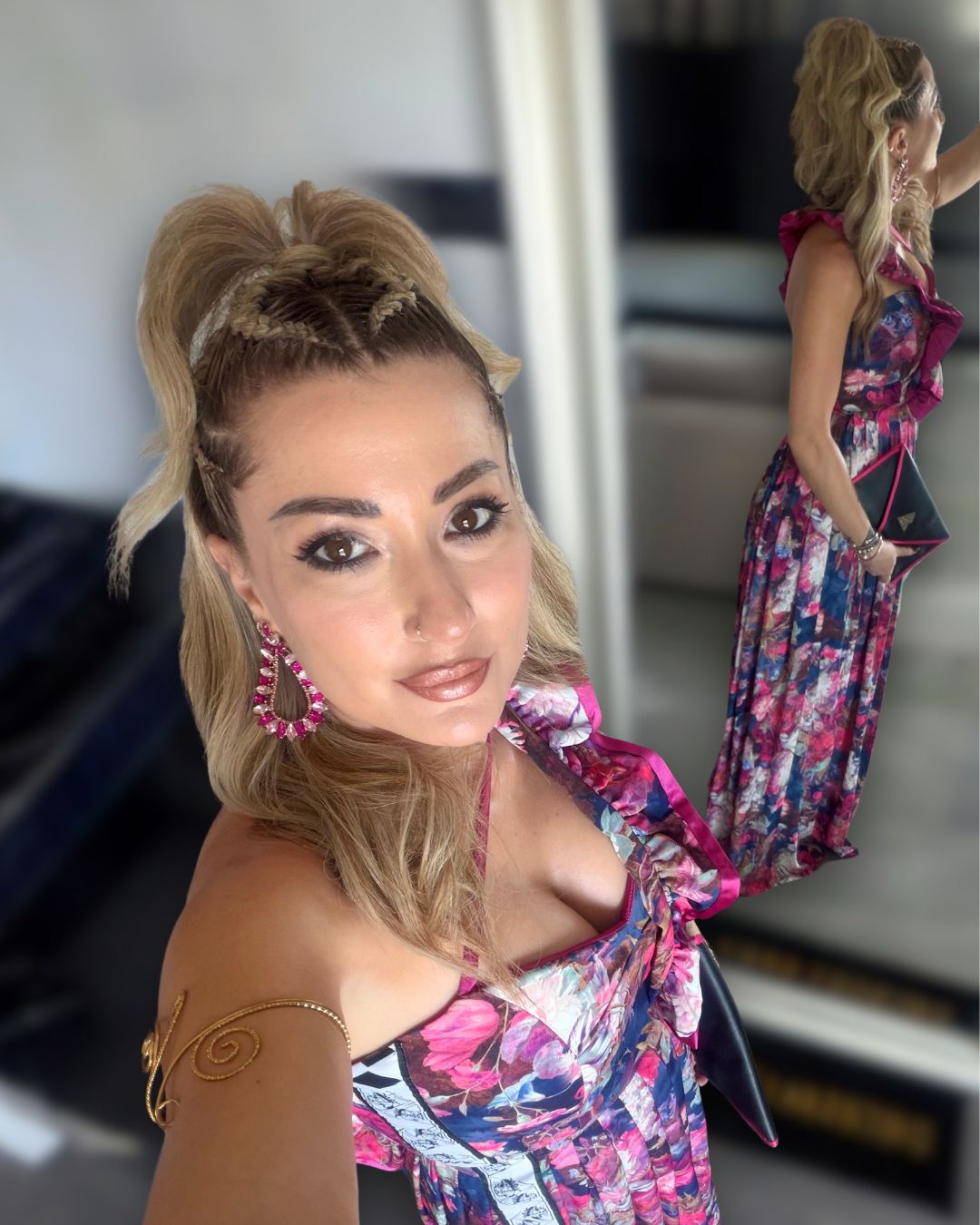 Exceptional designer floral couture two-piece set with ruffled top and maxi skirt by t•Ana Couture. Luxury three-piece floral satin couture set in blush and fuchsia tones by t•Ana Couture; captured under Mediterranean sunlight with divine flow and effortless elegance, in luxury house. Also holding a designer t•Ana Couture clutch bag. 