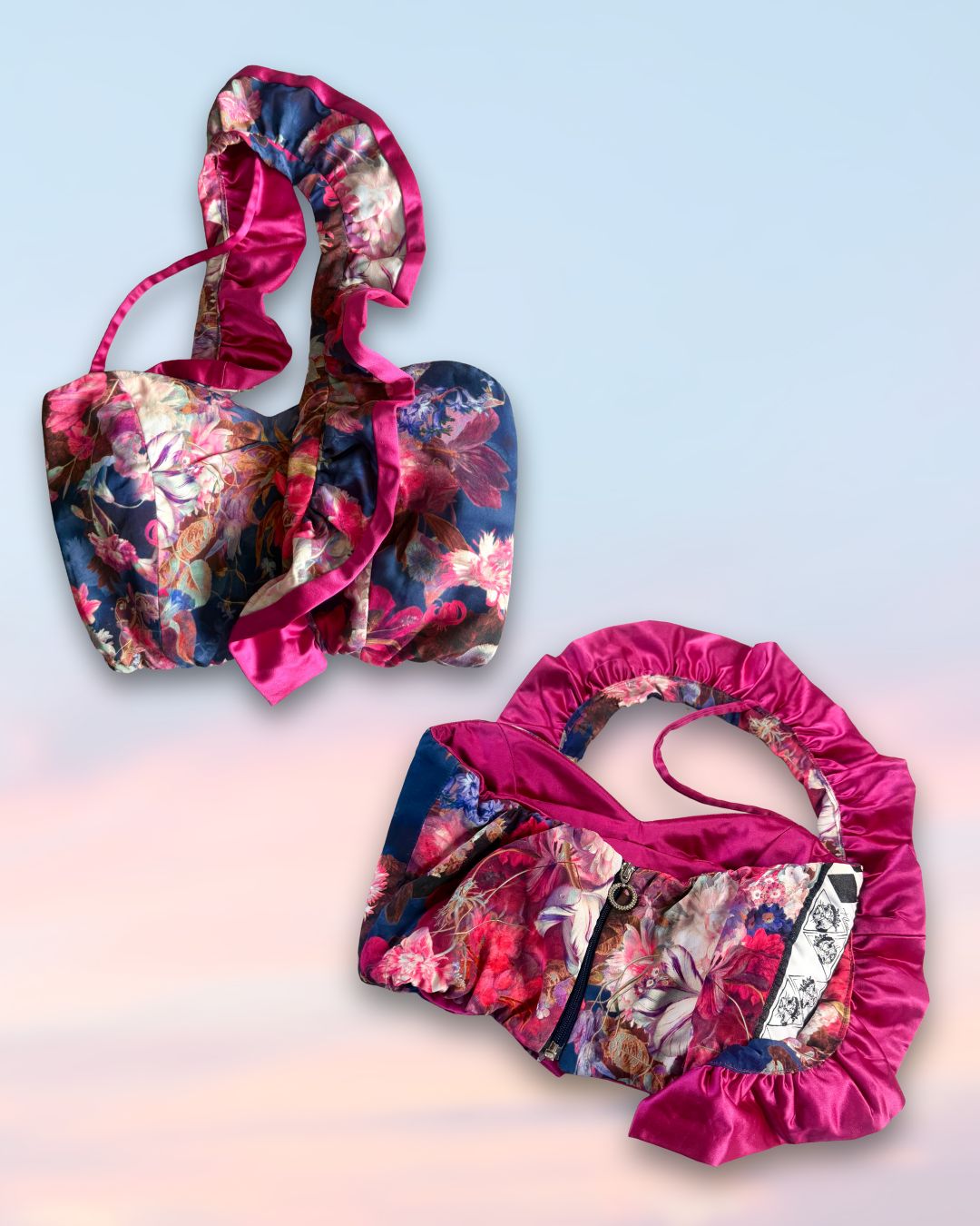 Exceptional designer floral couture ruffled top front and back side with luxury zipper with crystal ring puller by t•Ana Couture. Luxury floral satin couture fabric in blush and fuchsia tones by t•Ana Couture; captured under Mediterranean sunlight with divine flow and effortless elegance. 