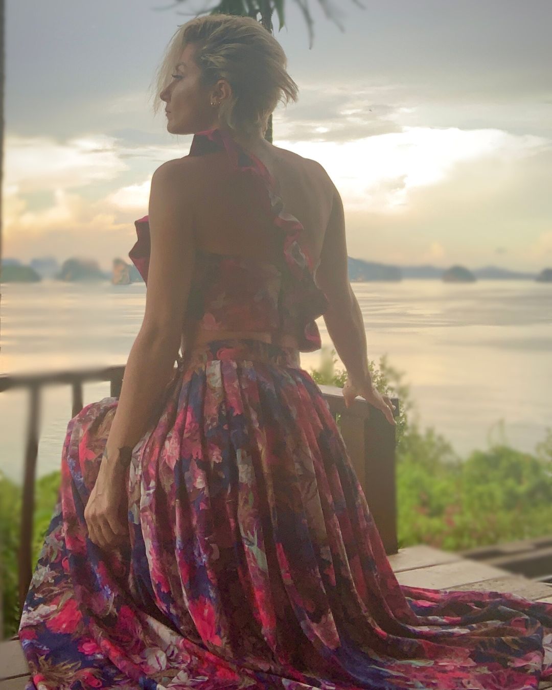 Luxury three-piece floral satin couture set in blush and fuchsia tones by t•Ana Couture; captured under Mediterranean sunlight with divine flow and effortless elegance. Luxury island ambiance vibes.