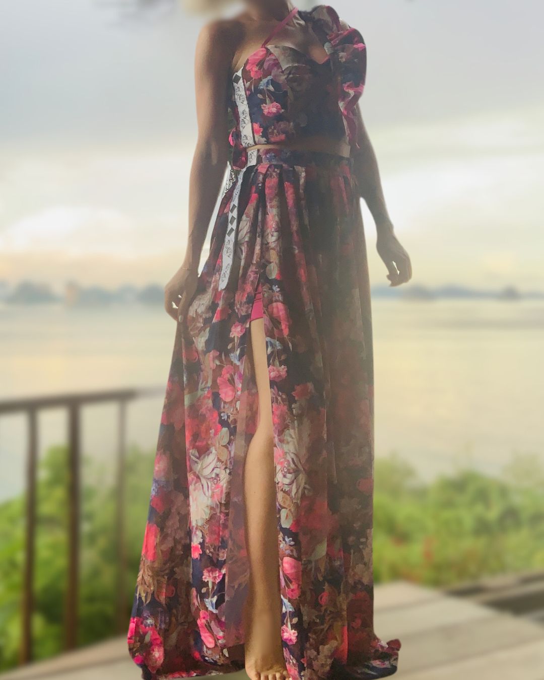 Luxury three-piece floral satin couture set in blush and fuchsia tones by t•Ana Couture; captured under Mediterranean sunlight with divine flow and effortless elegance. Luxury island ambiance vibes.