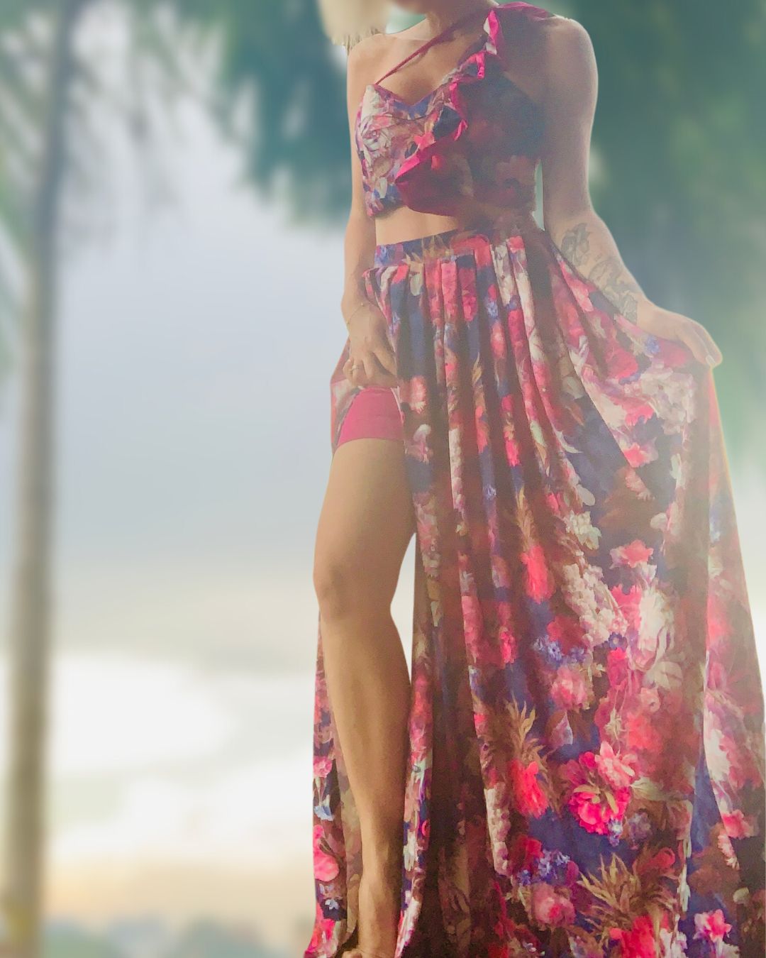 Luxury three-piece floral satin couture set in blush and fuchsia tones by t•Ana Couture; captured under Mediterranean sunlight with divine flow and effortless elegance. Luxury island ambiance vibes.