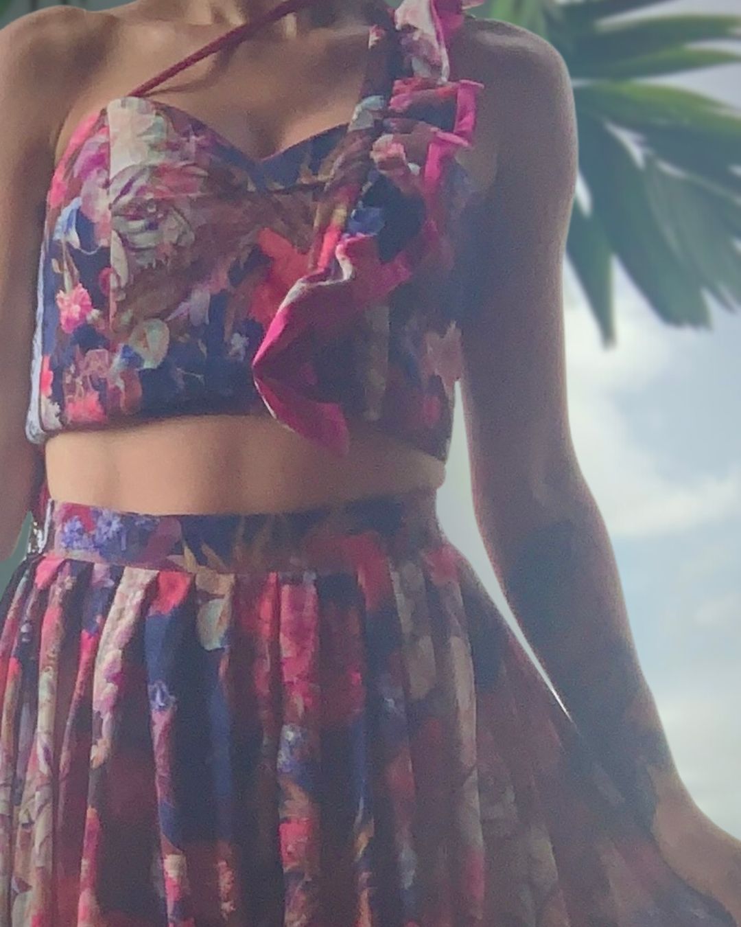 Luxury three-piece floral satin couture set in blush and fuchsia tones by t•Ana Couture; captured under Mediterranean sunlight with divine flow and effortless elegance. Luxury island ambiance vibes.