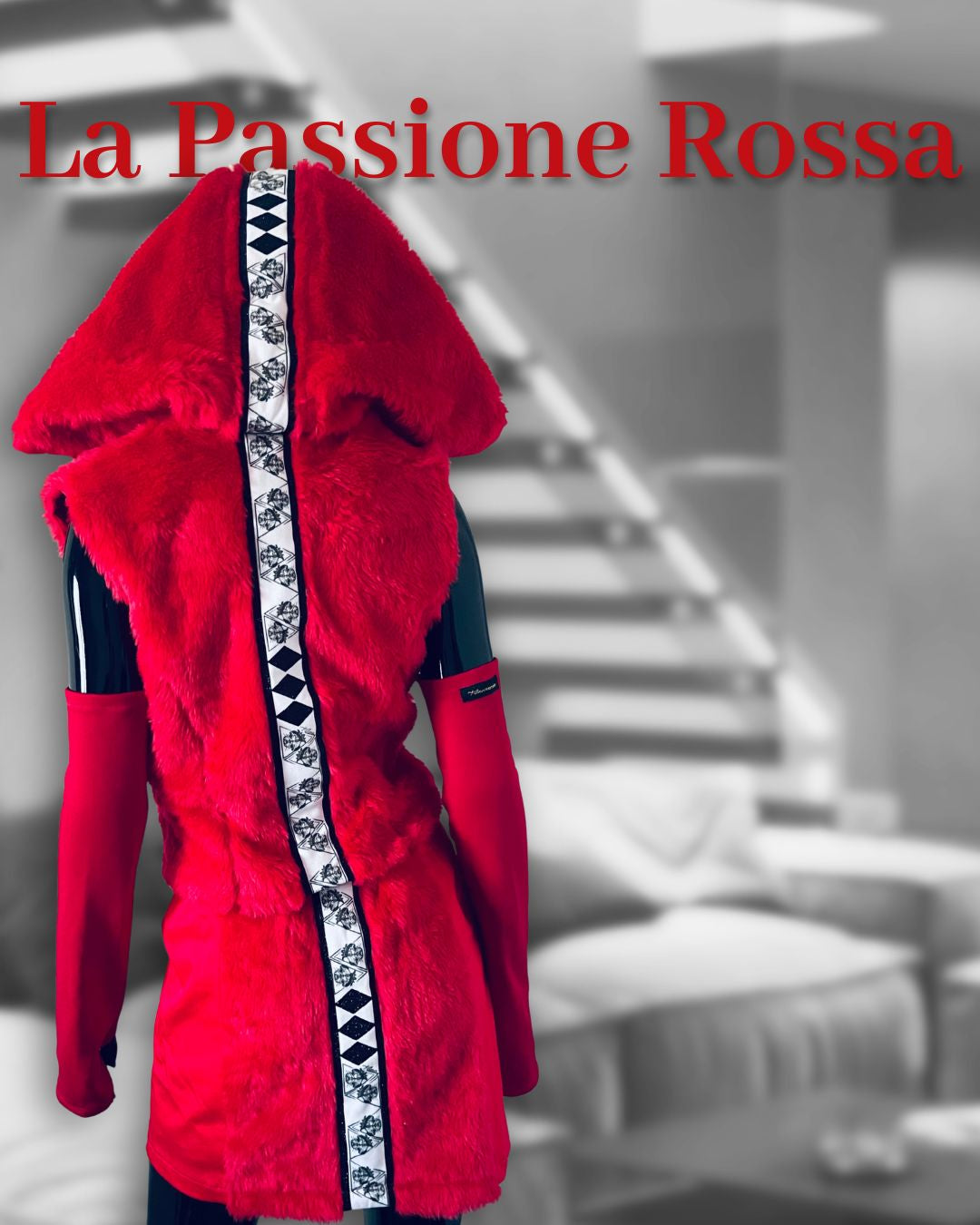 La Passione Rossa Set featuring an oversized warm faux fur hood and coordinated arm warmers in deep red, showcased on a mannequin; a bespoke, mix-and-match statement piece designed and crafted in Cyprus for an exceptional luxury wardrobe.