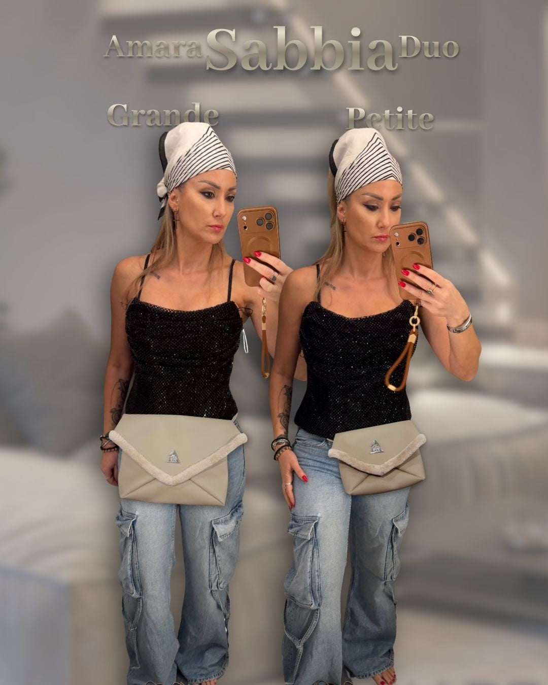 Lifestyle image of a woman wearing the Amara Sabbia beige vegan leather multi-wear clutch as a belt bag; silver logo plate and faux-fur trim by t•Ana Couture
