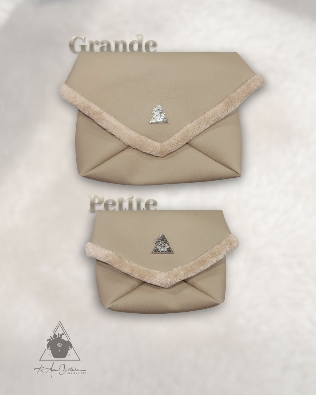 Amara Duo Sabbia beige vegan leather multi-wear clutch bags with silver logo plate; Grande and Petite sizes featuring plush faux-fur trim and interior from t•Ana Couture Eternal Bond Series
