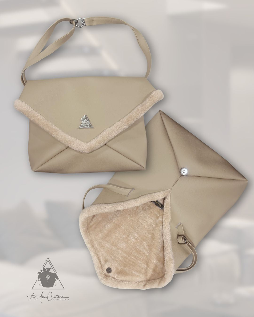 Amara Sabbia Grande clutch handbag in beige vegan leather with silver logo plate and soft faux-fur trim with belt strap or handle; Mediterranean Muse Eternal Bond Series by t•Ana Couture.
Amara Sabbia clutch bag interior showing plush faux-fur lining and magnetic closure.
