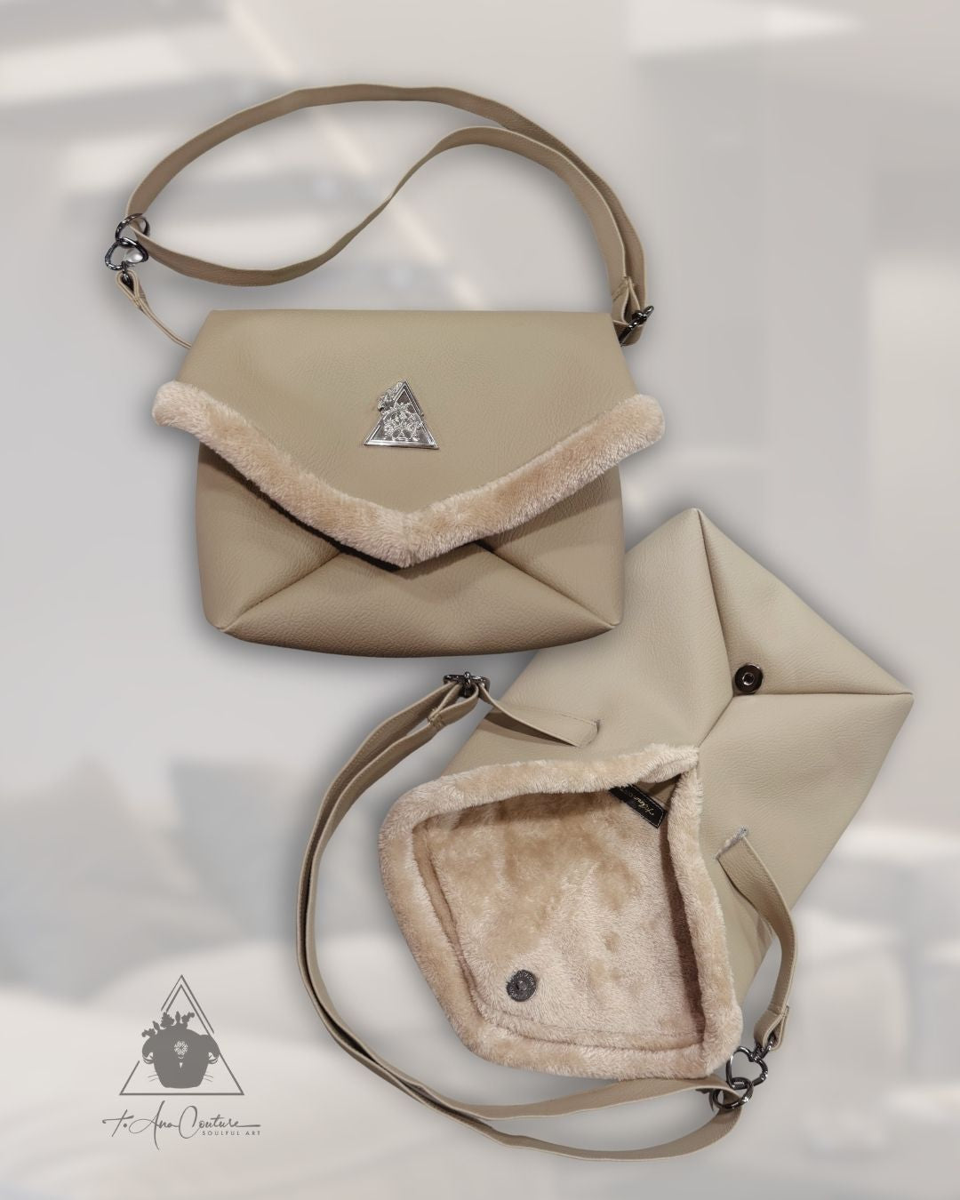 Amara Sabbia Petite clutch handbag in beige vegan leather with silver logo plate and soft faux-fur trim with belt strap or handle; Mediterranean Muse Eternal Bond Series by t•Ana Couture.
Amara Sabbia clutch bag interior showing plush faux-fur lining and magnetic closure.