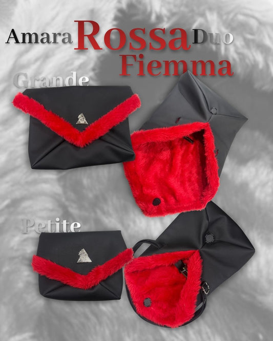 Amara Rossa Fiamma Duo Grande and Petite luxury vegan clutch handbags in black faux durable leather with plush fire-red faux fur trim and interior; Eternal Bond Series by t•Ana Couture.
