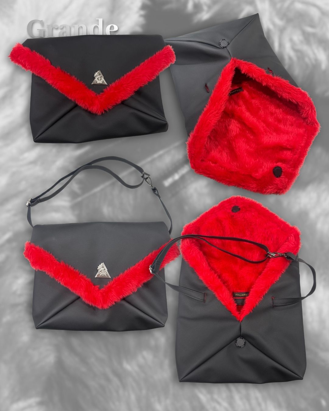 Amara Rosso Fiamma GRANDE black clutch shown in multiple views with fire-red faux-fur trim and interior