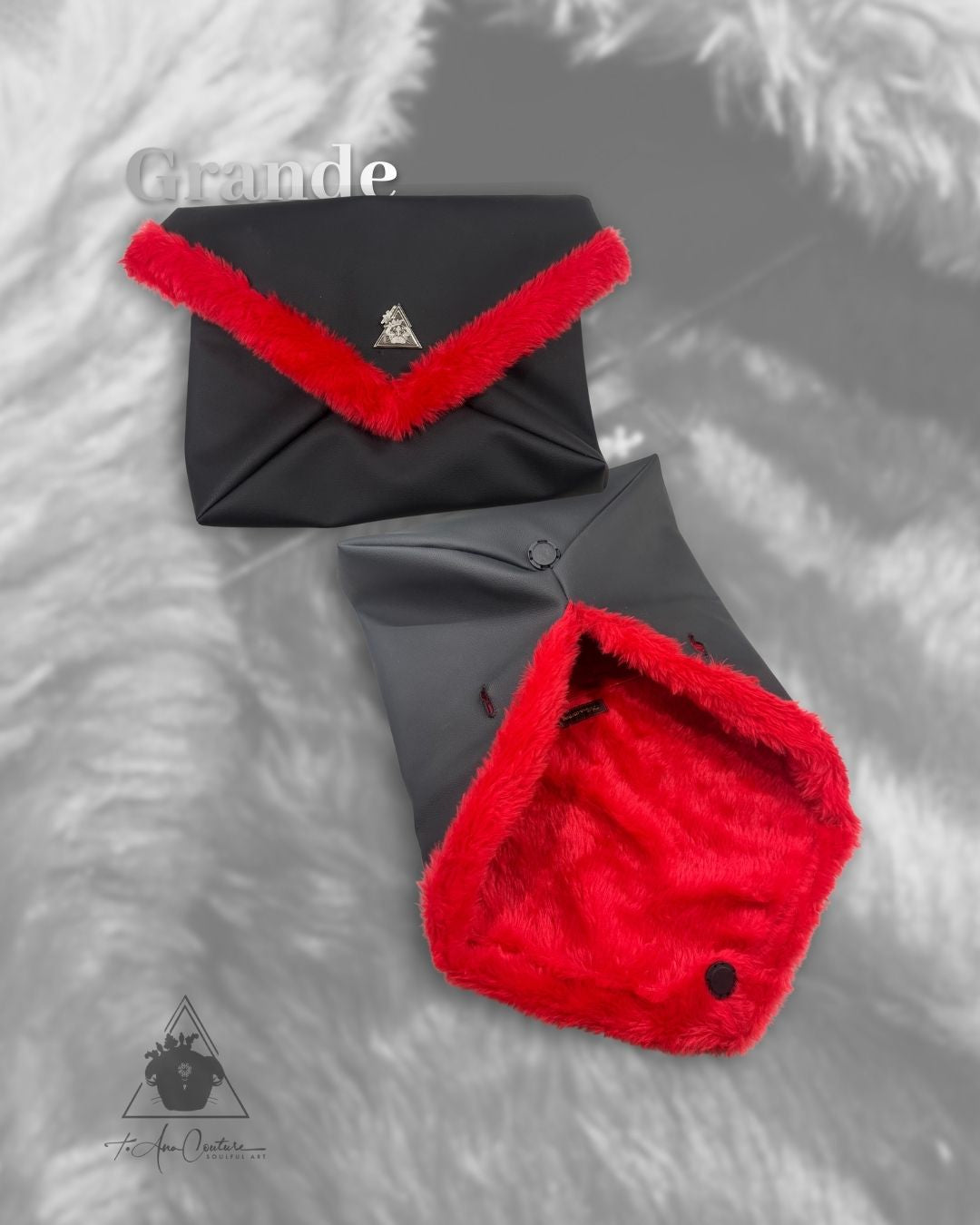 Amara Rossa Fiamma Grande clutch handbag in black faux durable leather with bold fire-red faux fur V-detail and fully faux-fur interior; luxury vegan artisan design by t•Ana Couture.