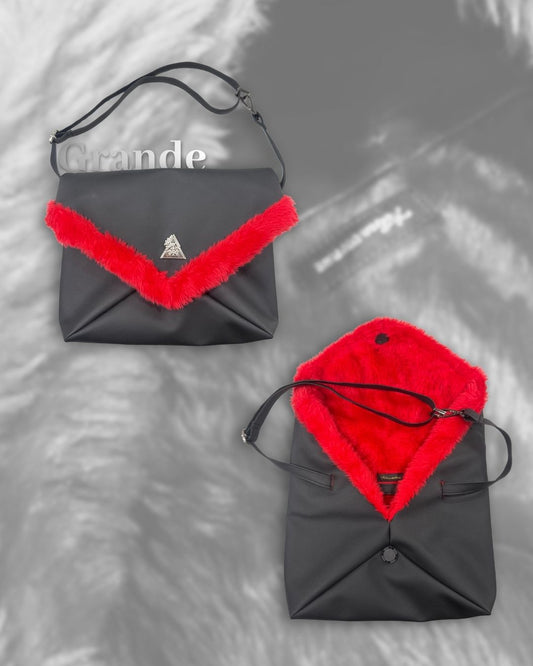 Amara Rossa Fiamma Grande multi-wear clutch handbag styled with strap; black faux durable leather exterior with fire-red faux fur trim and interior; Eternal Bond Series by t•Ana Couture.