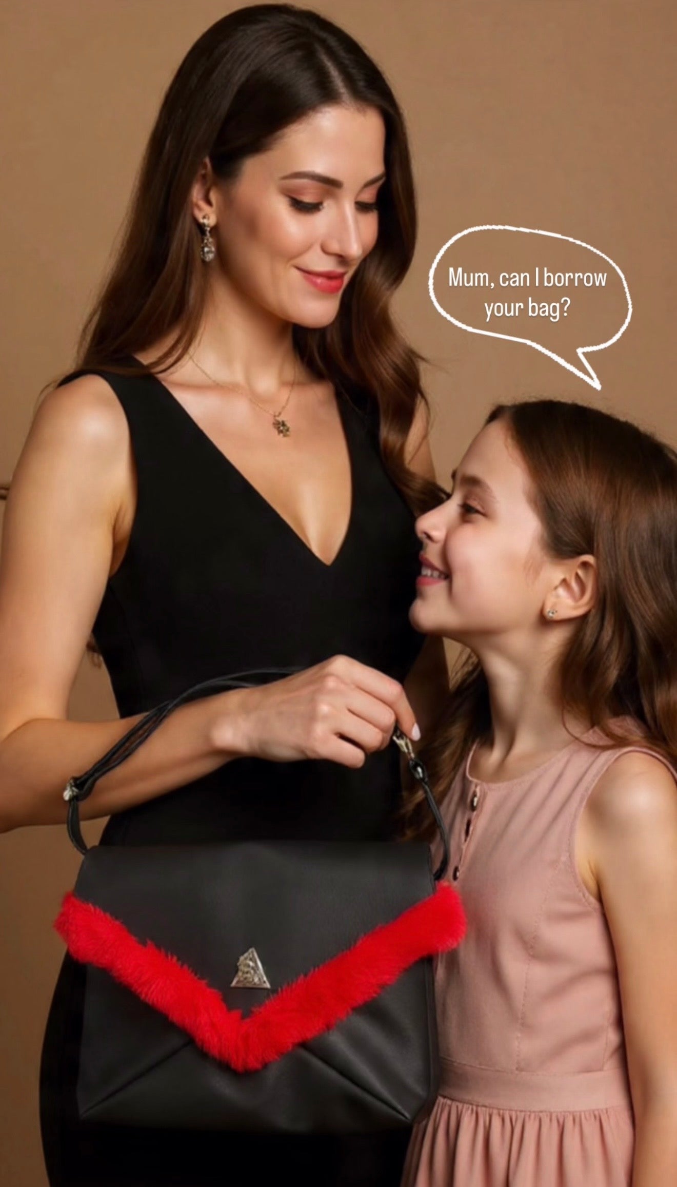 Amara Rossa Grande & Petite Duo: Luxurious vegan red leather mother-daughter handbags with signature triangle emblem, plush reversible interiors, and matching styles shown on model and child against neutral background—handcrafted by t.Ana Couture in Cyprus for timeless elegance.