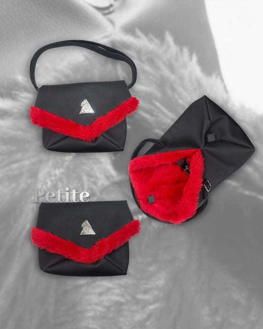 Amara Rossa Fiamma Petite clutch handbag in black faux durable leather with plush fire-red faux fur detailing and interior; luxury vegan mini clutch by t•Ana Couture.