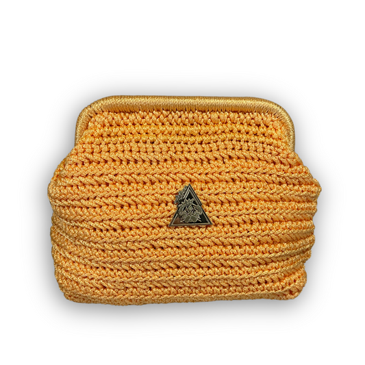 Aurora Sole yellow-orange hand-knit clutch