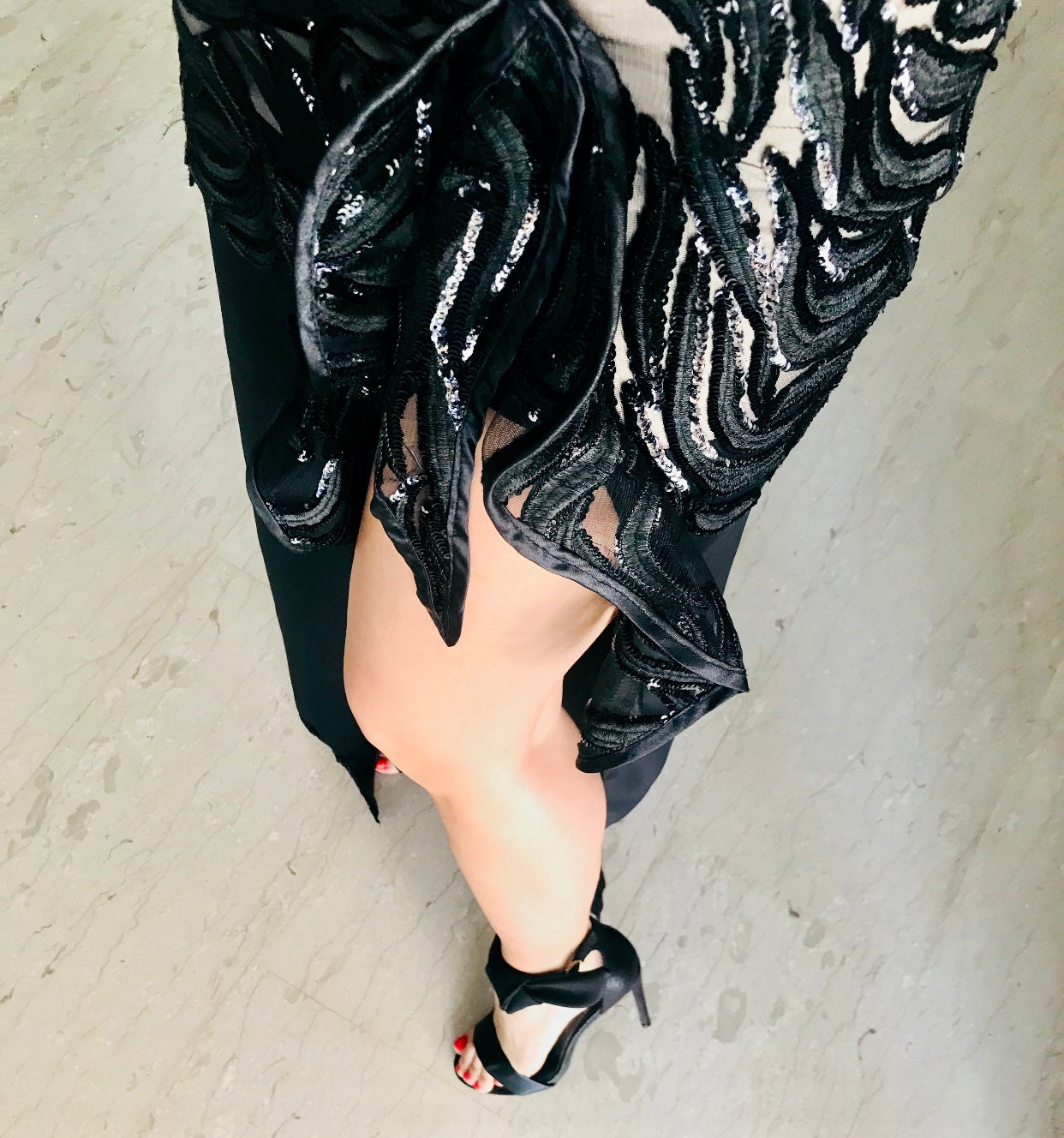 Black Onyx black and nude lace dress, styled view