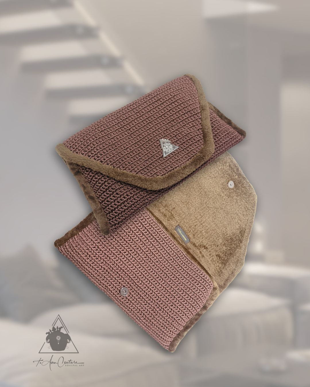 Close-up of the Cocoa Eclipse Knit Handbag showcasing artisanal knit texture and faux fur detailing.