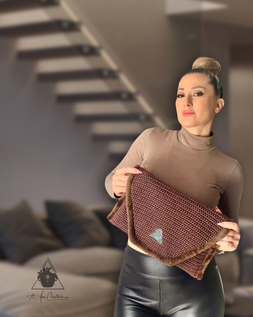 Cocoa Eclipse Knit Handbag in rich cocoa tones; handcrafted knit design with faux fur trim.