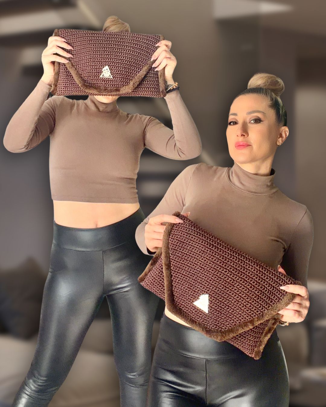 Cocoa Eclipse Knit Handbag styled for everyday wear; Mediterranean-inspired luxury handbag.
