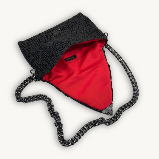 Crimson Eclipse black hand-knit clutch with crimson red lining, additional view