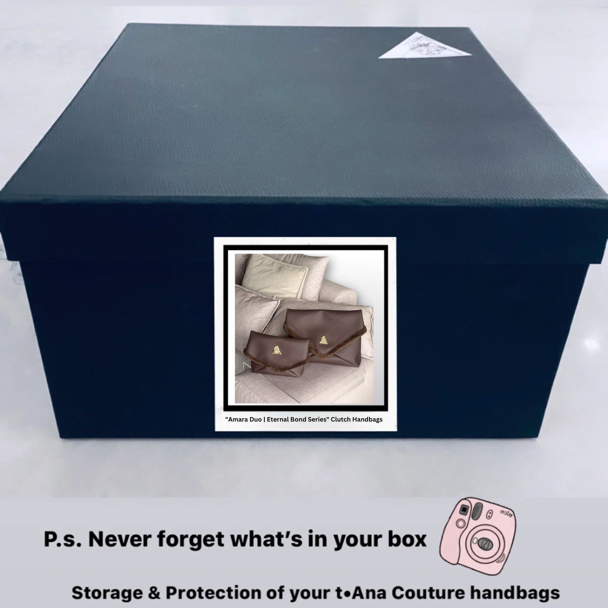 The Amara Duo from t•Ana Couture’s Chocolate Edit features two luxury multi wear clutch bags; one Grande and one Petite; designed to be worn together or individually. Crafted in plush chocolate brown faux fur and finished with gold logo hardware, the Amara bags bring warmth, texture and refined slow luxury to any look. Each piece can be styled as a clutch, shoulder bag or crossbody, offering versatile day to evening wear. Here we are featuring the storage gift box for the handbags.