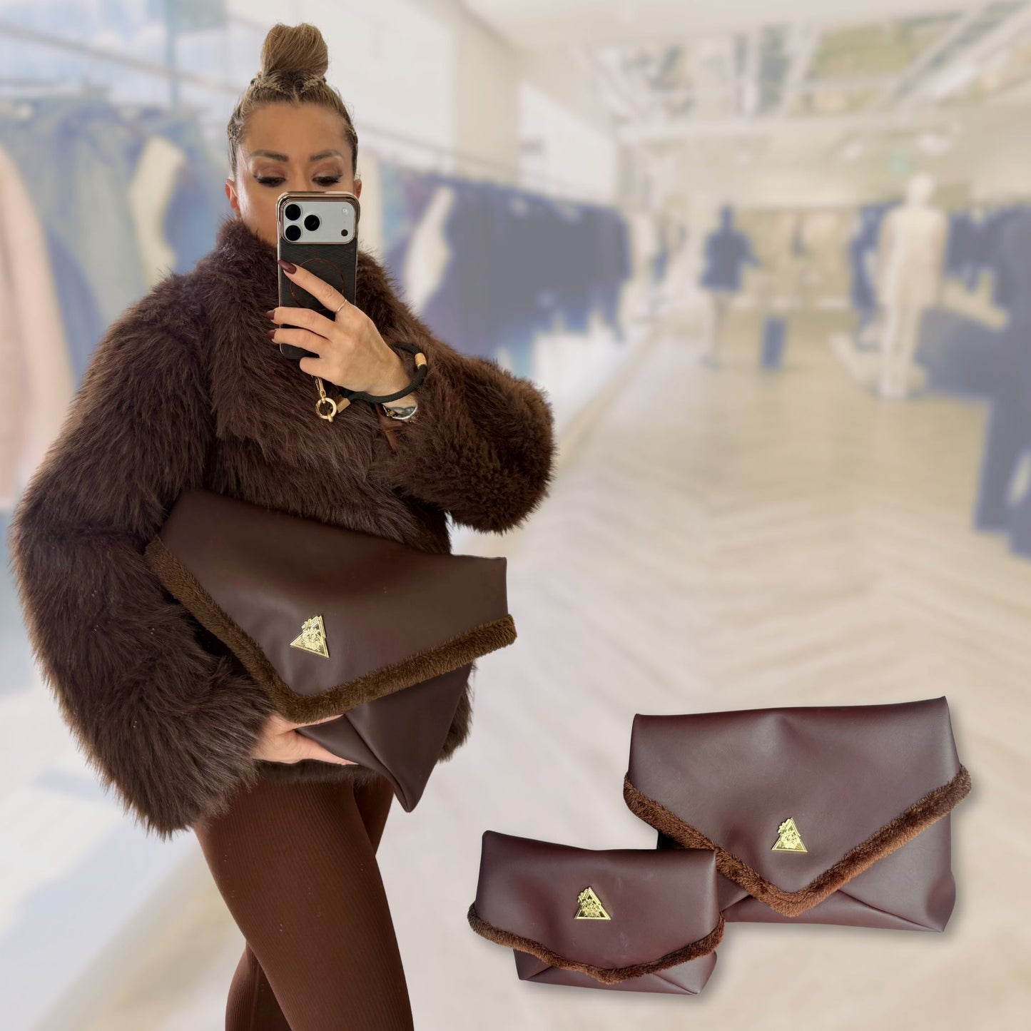 The Amara Duo from t•Ana Couture’s Chocolate Edit features two luxury multi wear clutch bags; one Grande and one Petite; designed to be worn together or individually. Crafted in plush chocolate brown faux fur and finished with gold logo hardware, the Amara bags bring warmth, texture and refined slow luxury to any look. Each piece can be styled as a clutch, shoulder bag or crossbody, offering versatile day to evening wear. 