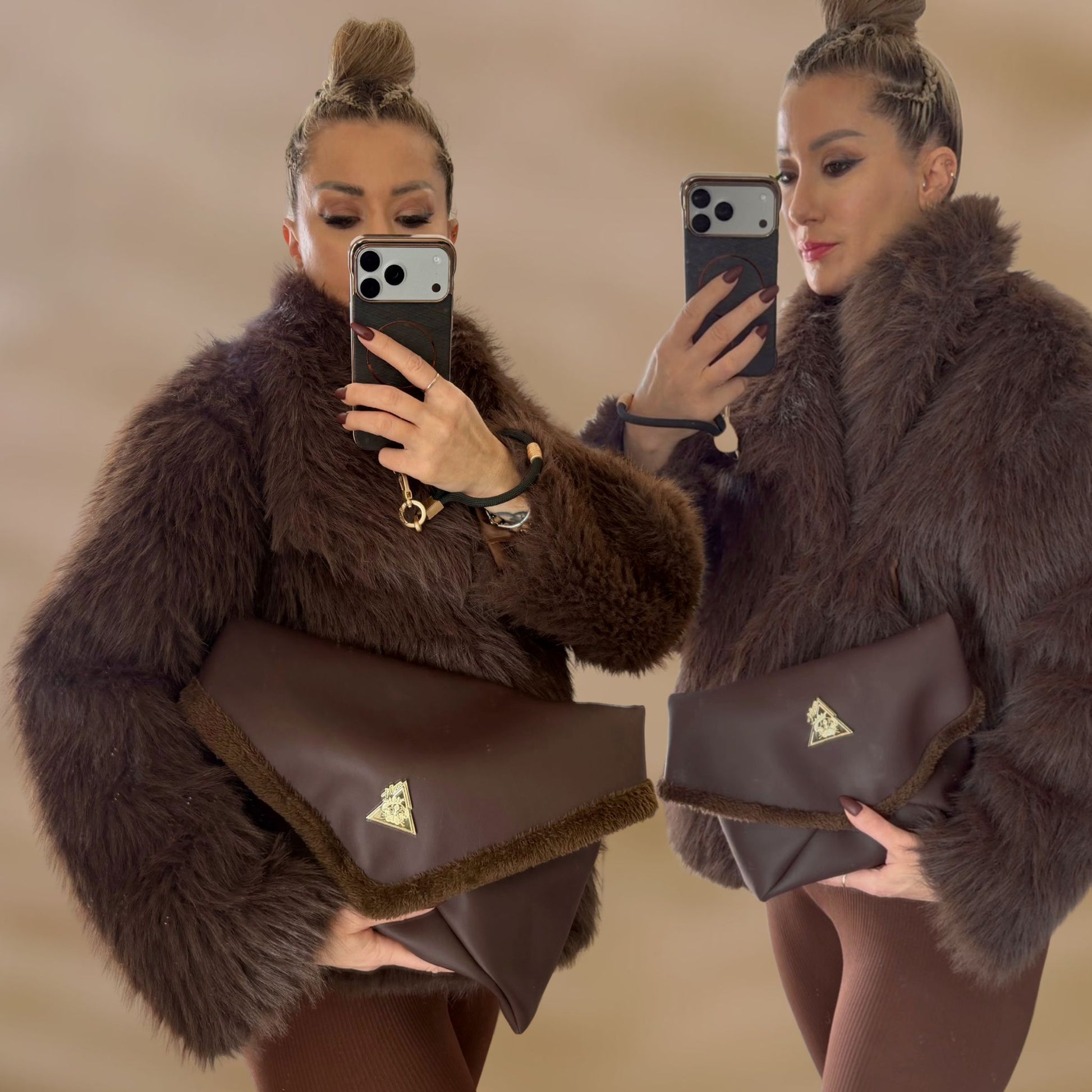 The Amara Duo from t•Ana Couture’s Chocolate Edit features two luxury multi wear clutch bags; one Grande and one Petite; designed to be worn together or individually. Crafted in plush chocolate brown faux fur and finished with gold logo hardware, the Amara bags bring warmth, texture and refined slow luxury to any look. Each piece can be styled as a clutch, shoulder bag or crossbody, offering versatile day to evening wear. 