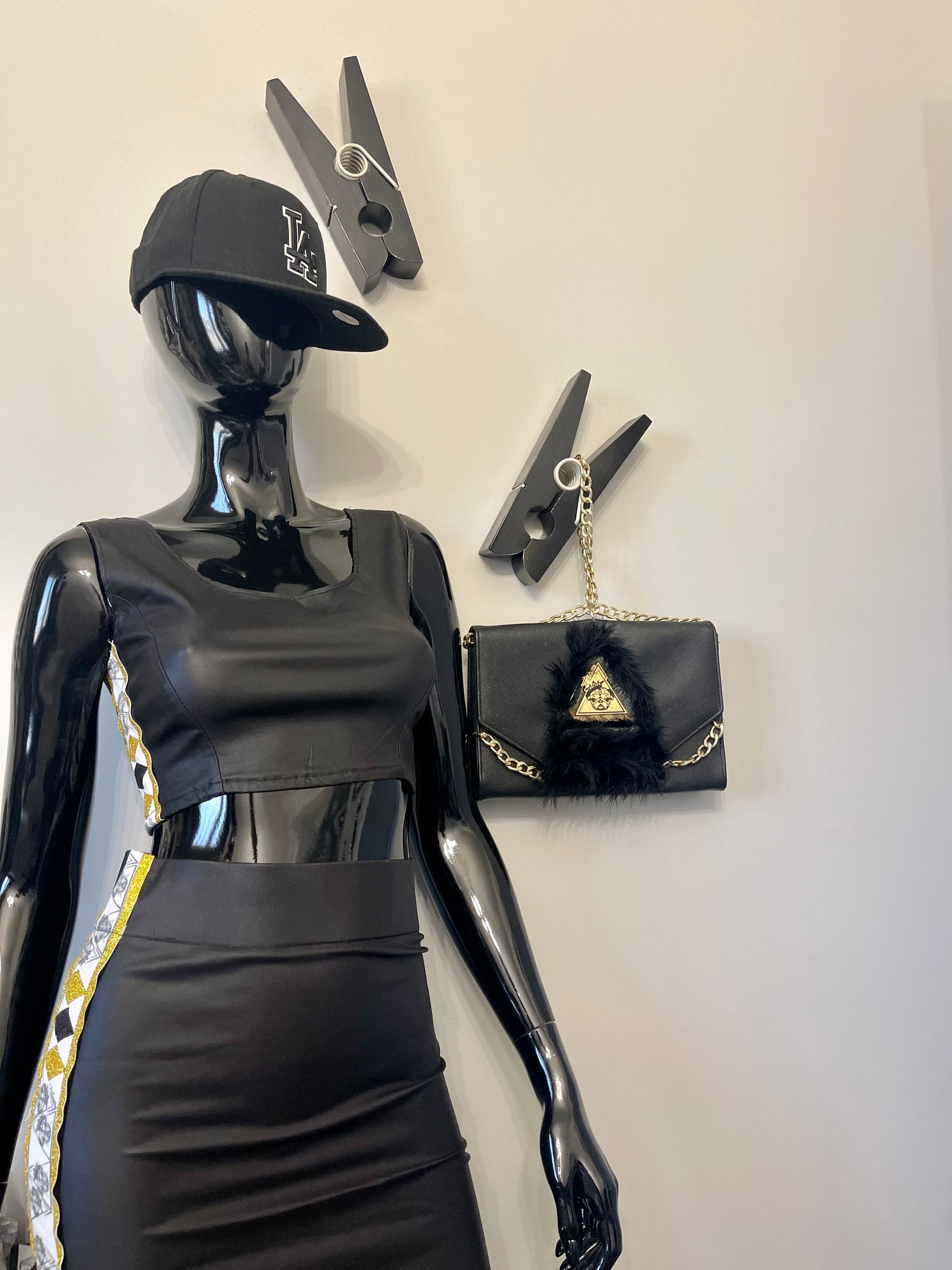 Bellezza Nero glossy black crop top and maxi skirt set