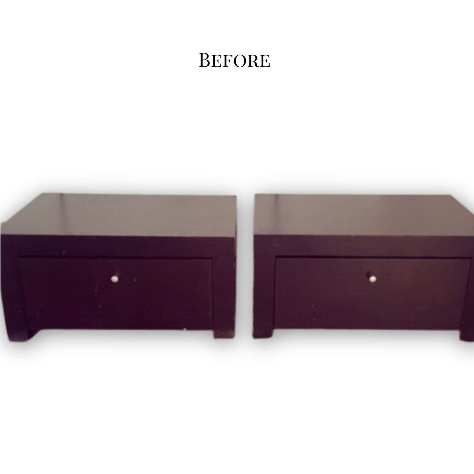 Dark wood side tables before the Iridescent Bianco e Nero upcycling transformation