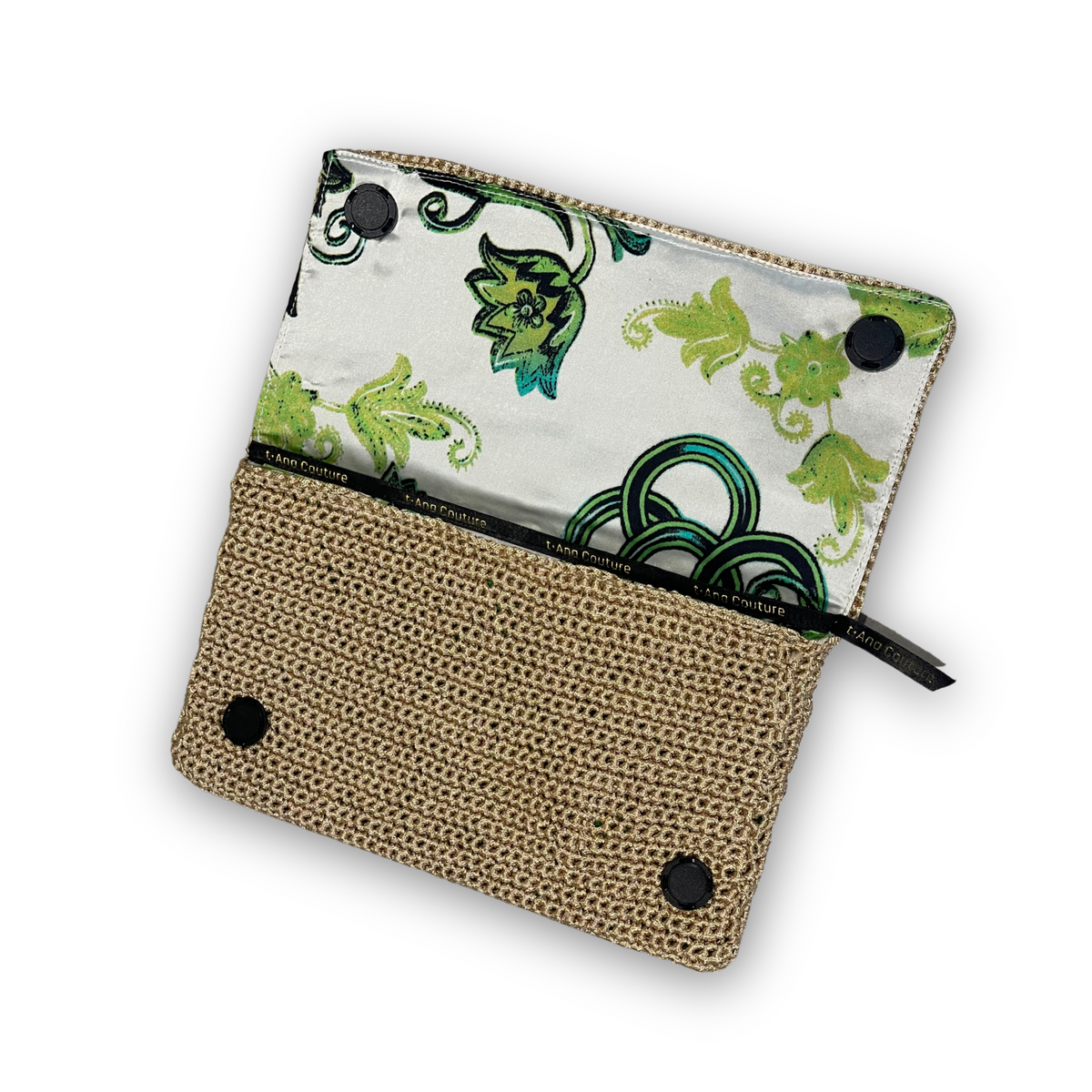 Luna Fiorita light-gold clutch, styled view