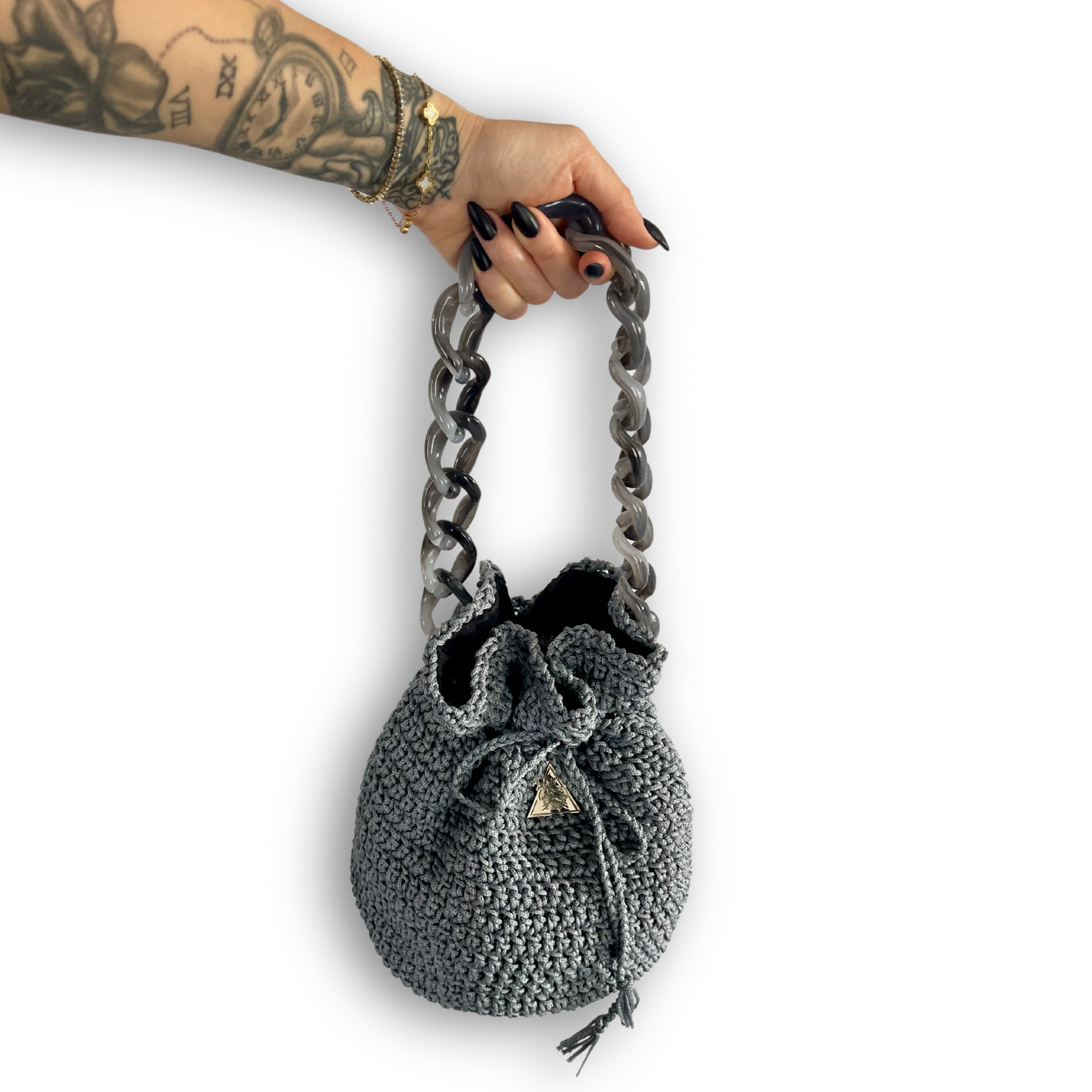 Luna Mist grey hand-knit bag, detail view