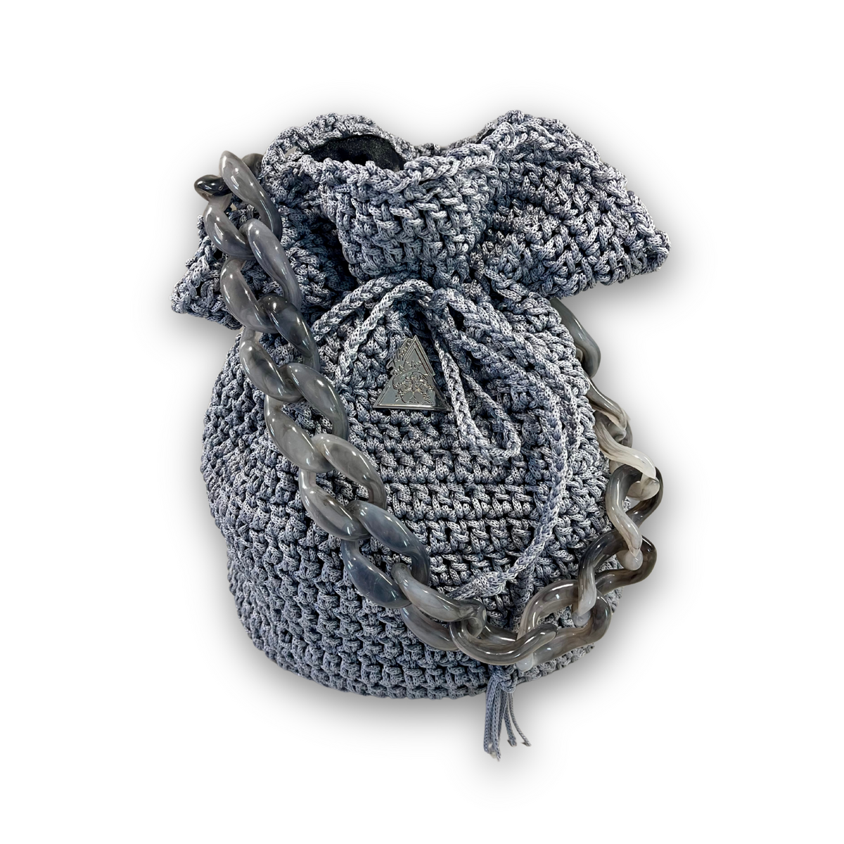 Luna Mist grey hand-knit bag, styled view