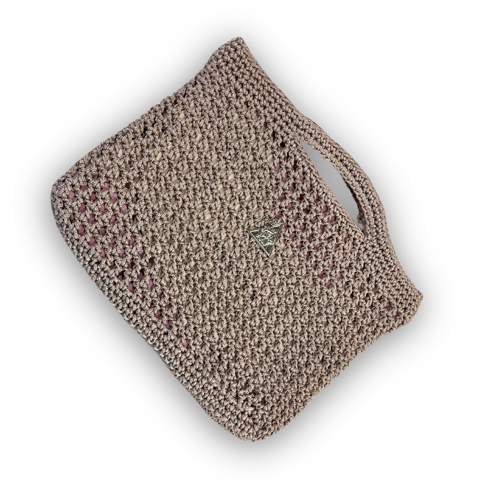 Mystic Mocha Bloom Knit Handbag in beige grey mocha; hand knit artisan clutch from Threads of Heritage Mediterranean Muse Sand and Sea Tribute Collection by t.Ana Couture featuring organic linen floral zinnia lining and silver logo hardware
