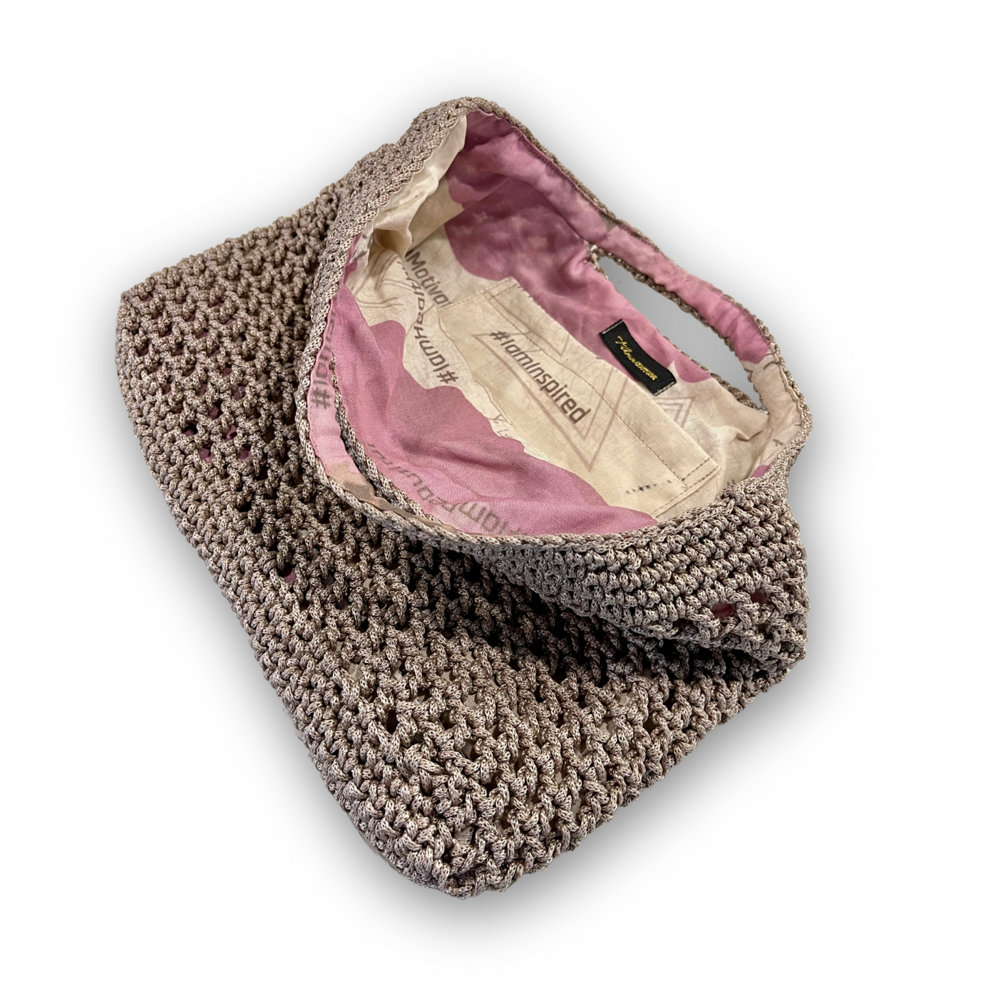 Mystic Mocha Bloom hand-knit handbag with floral linen interior