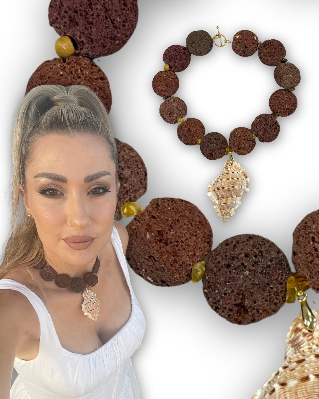 Onde di Fuoco lava stone and sea shell necklace, additional view